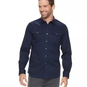 Marc Anthony Navy Blue Stretch Slim-Fit Textured Military Button-Down Shirt, XL